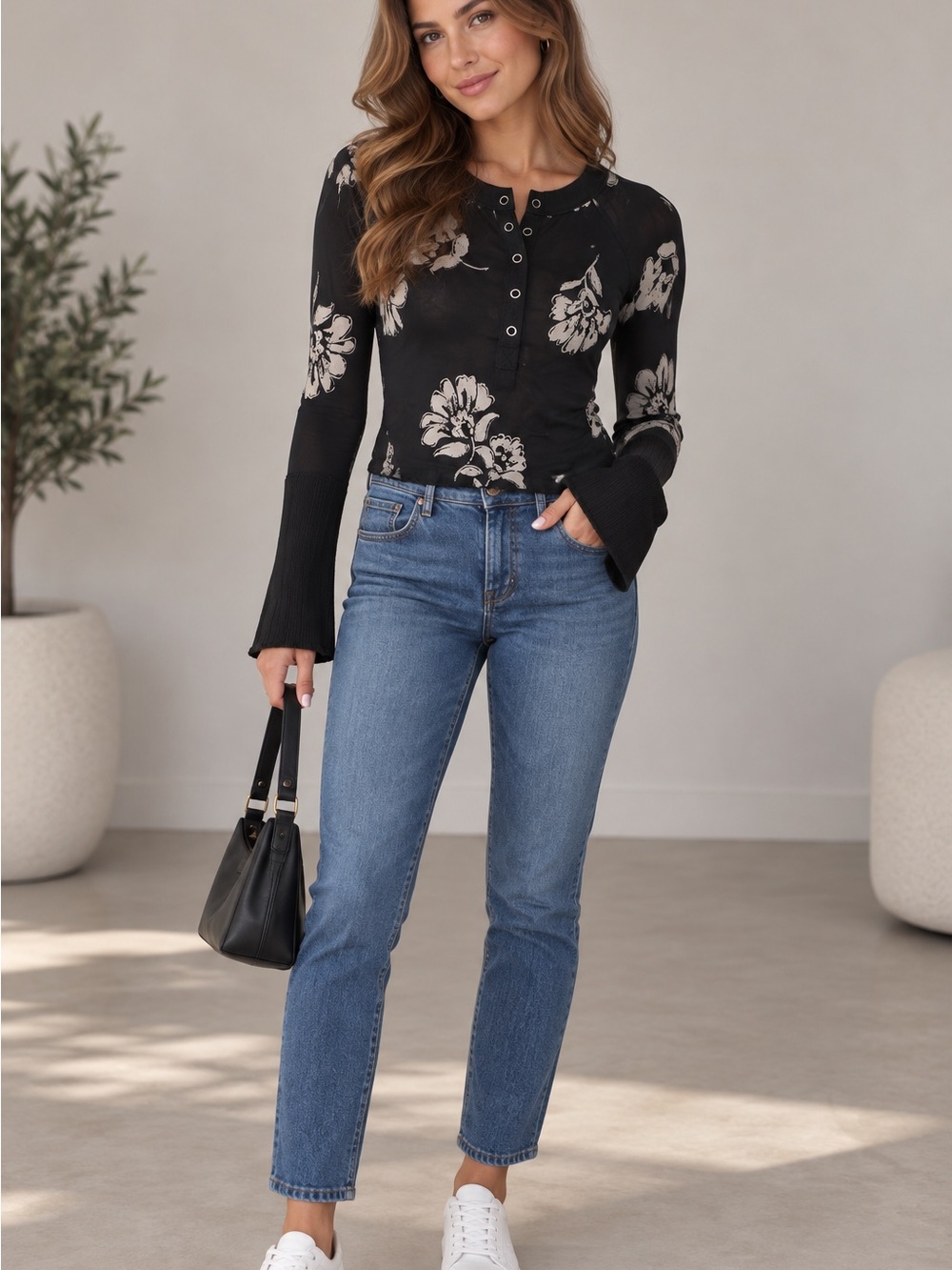 Promesa Black Long-Sleeve Floral Henley Top